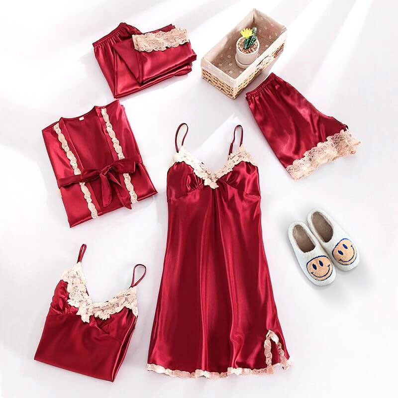 Women’s Satin Pyjama Set | Five-Piece Sleepwear | Lace Trim Details | Elegant Loungewear