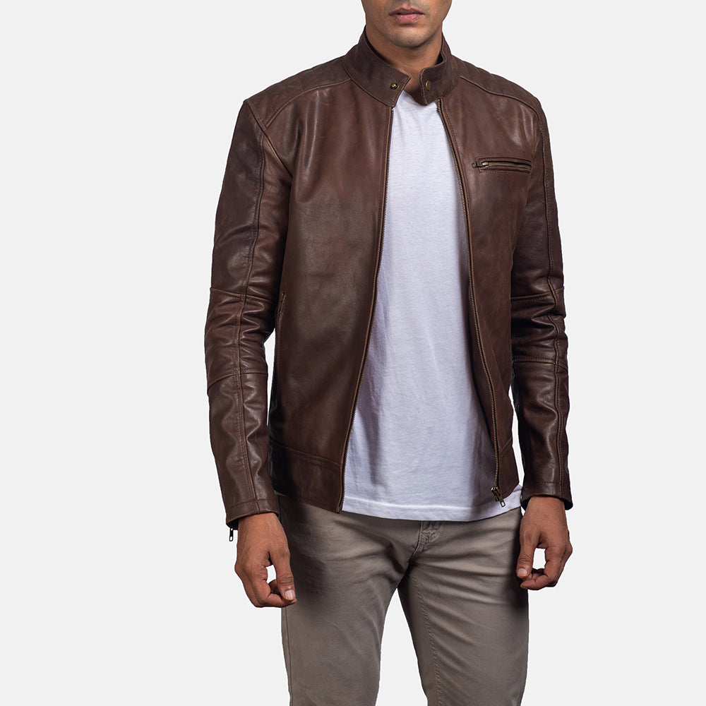 Men’s Brown Biker Jacket in Slim Fit Style | Classic Leather Look Jacket