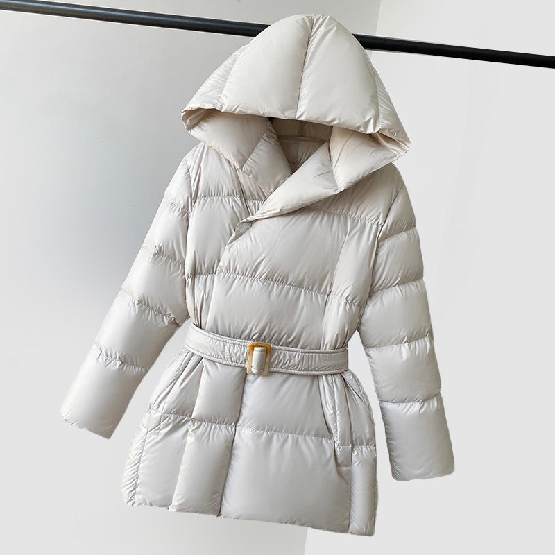 Women’s Belted Puffer Jacket with Hood | Warm Winter Coat