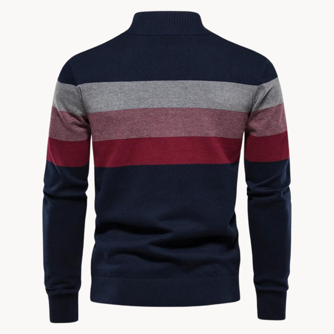 Men’s Striped Quarter Zip Jumper | High Collar Sweater | Slim Fit Knit | Autumn Layer