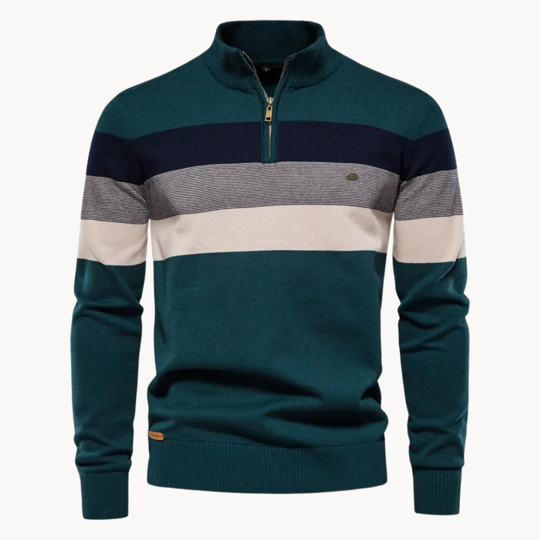 Men’s Striped Quarter Zip Jumper | High Collar Sweater | Slim Fit Knit | Autumn Layer
