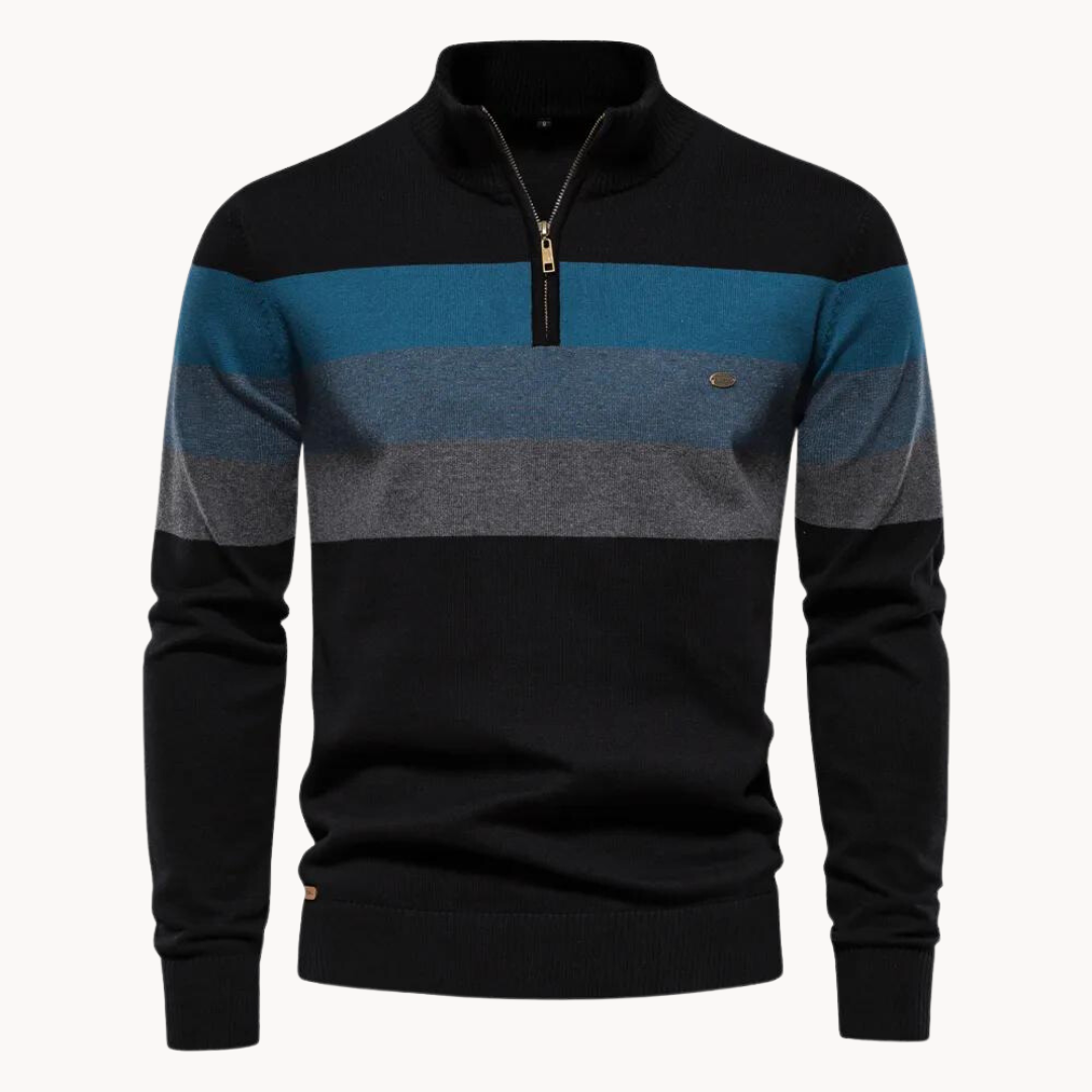Men’s Striped Quarter Zip Jumper | High Collar Sweater | Slim Fit Knit | Autumn Layer