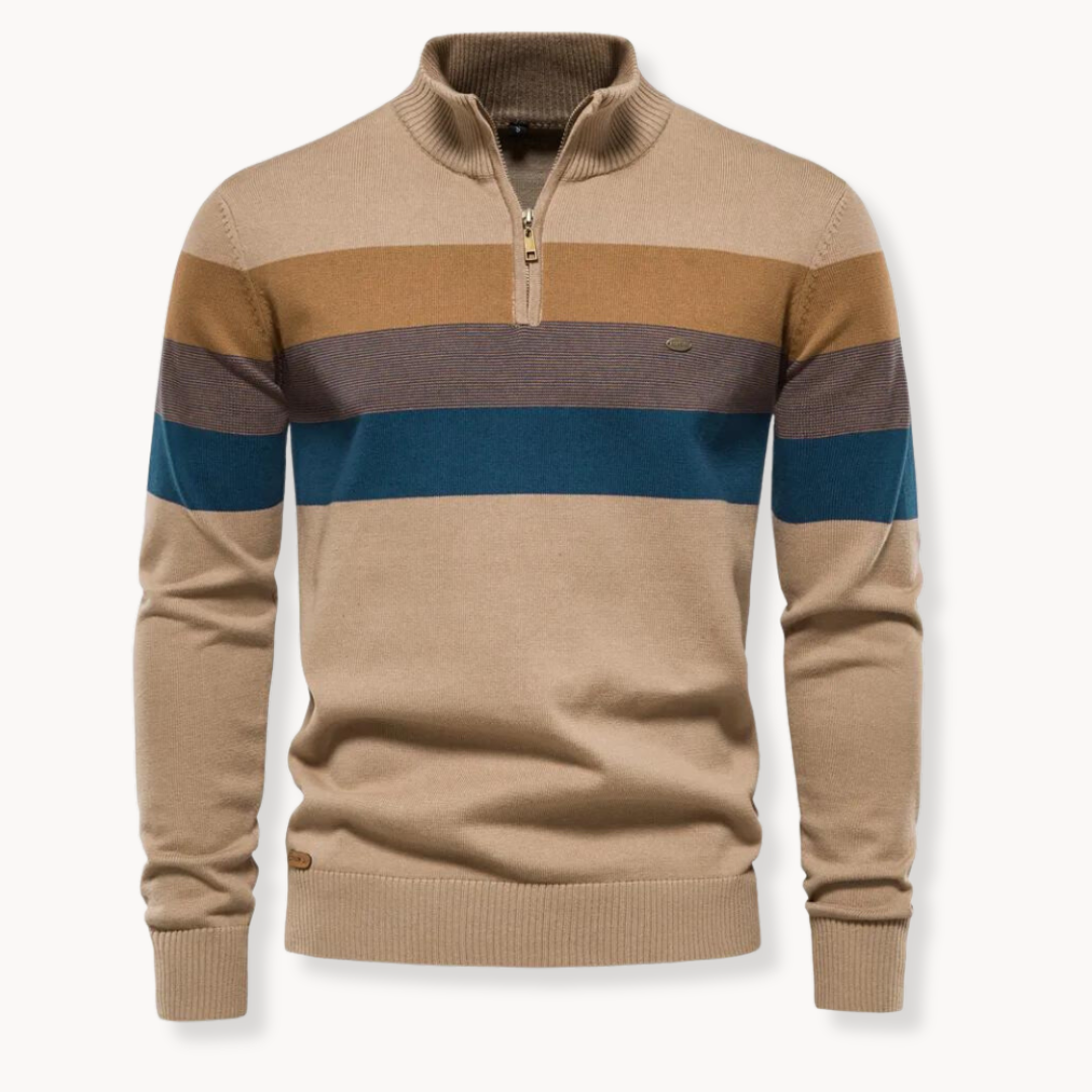 Men’s Striped Quarter Zip Jumper | High Collar Sweater | Slim Fit Knit | Autumn Layer