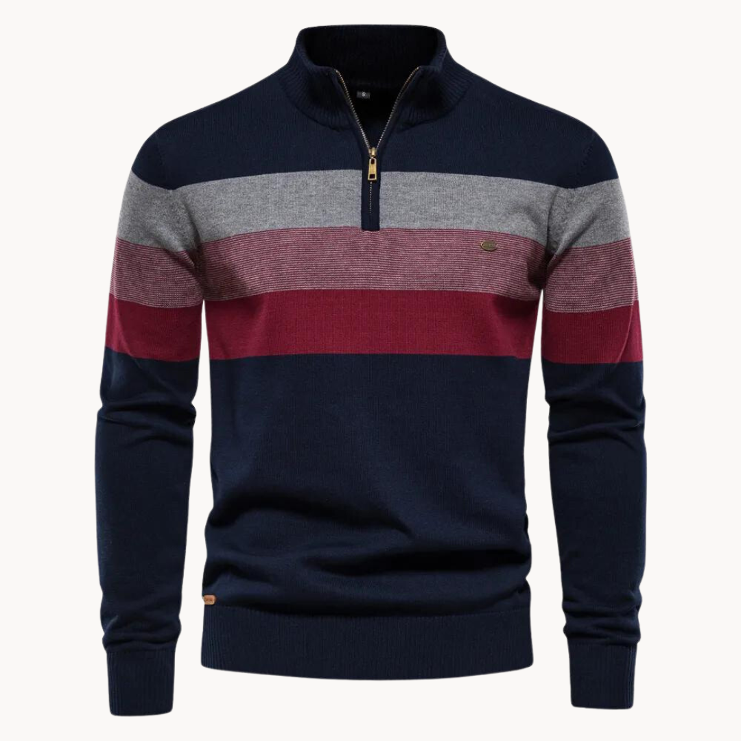 Men’s Striped Quarter Zip Jumper | High Collar Sweater | Slim Fit Knit | Autumn Layer