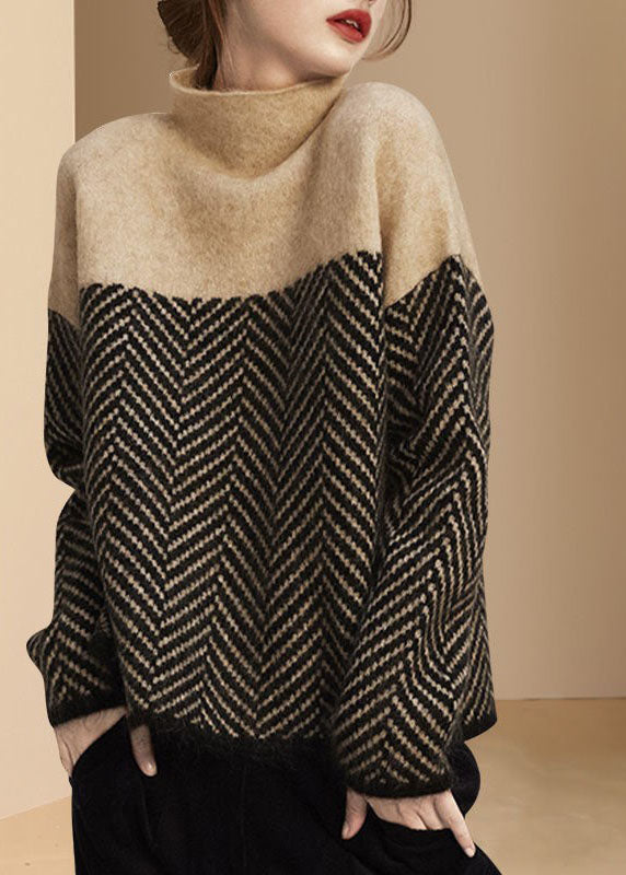 Women’s Khaki Turtle Neck Jumper in Patchwork Knit | Warm Loose Fit Winter Sweater