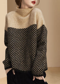 Women’s Khaki Turtle Neck Jumper in Patchwork Knit | Warm Loose Fit Winter Sweater