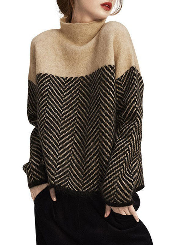 Women’s Khaki Turtle Neck Jumper in Patchwork Knit | Warm Loose Fit Winter Sweater