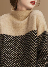 Women’s Khaki Turtle Neck Jumper in Patchwork Knit | Warm Loose Fit Winter Sweater