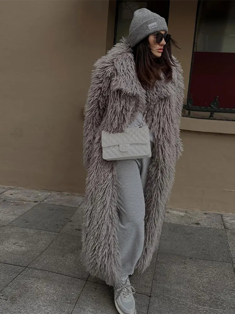 Women’s Fluffy Overcoat in Long Winter Style | Warm Faux Fur Ladies Coat