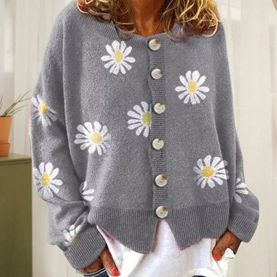 Women’s Knit Cardigan | Oversized Fit | Daisy Print | Button Down | Ribbed Trim