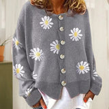 Women’s Knit Cardigan | Oversized Fit | Daisy Print | Button Down | Ribbed Trim