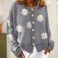 Women’s Knit Cardigan | Oversized Fit | Daisy Print | Button Down | Ribbed Trim