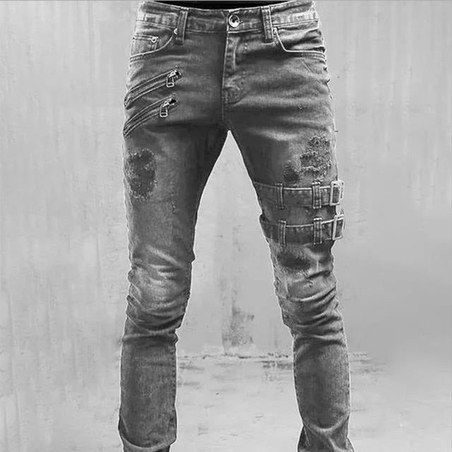 Men’s Gothic Buckle Jeans | Ripped Slim Fit Denim with Straps