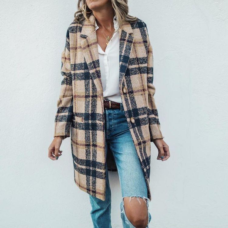 Women’s Long Winter Coat with Check Pattern | Stylish Warm Ladies Jacket