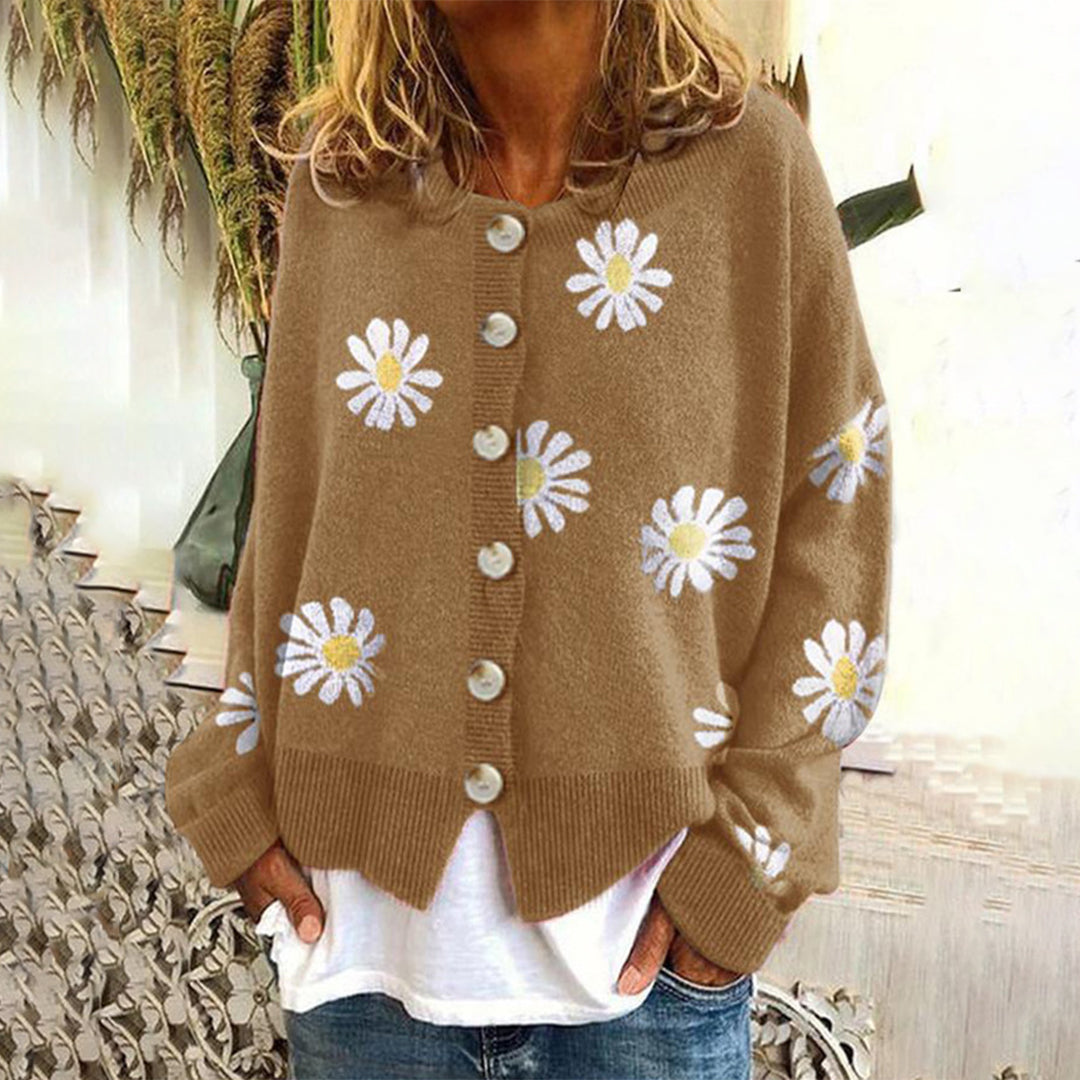 Women’s Knit Cardigan | Oversized Fit | Daisy Print | Button Down | Ribbed Trim