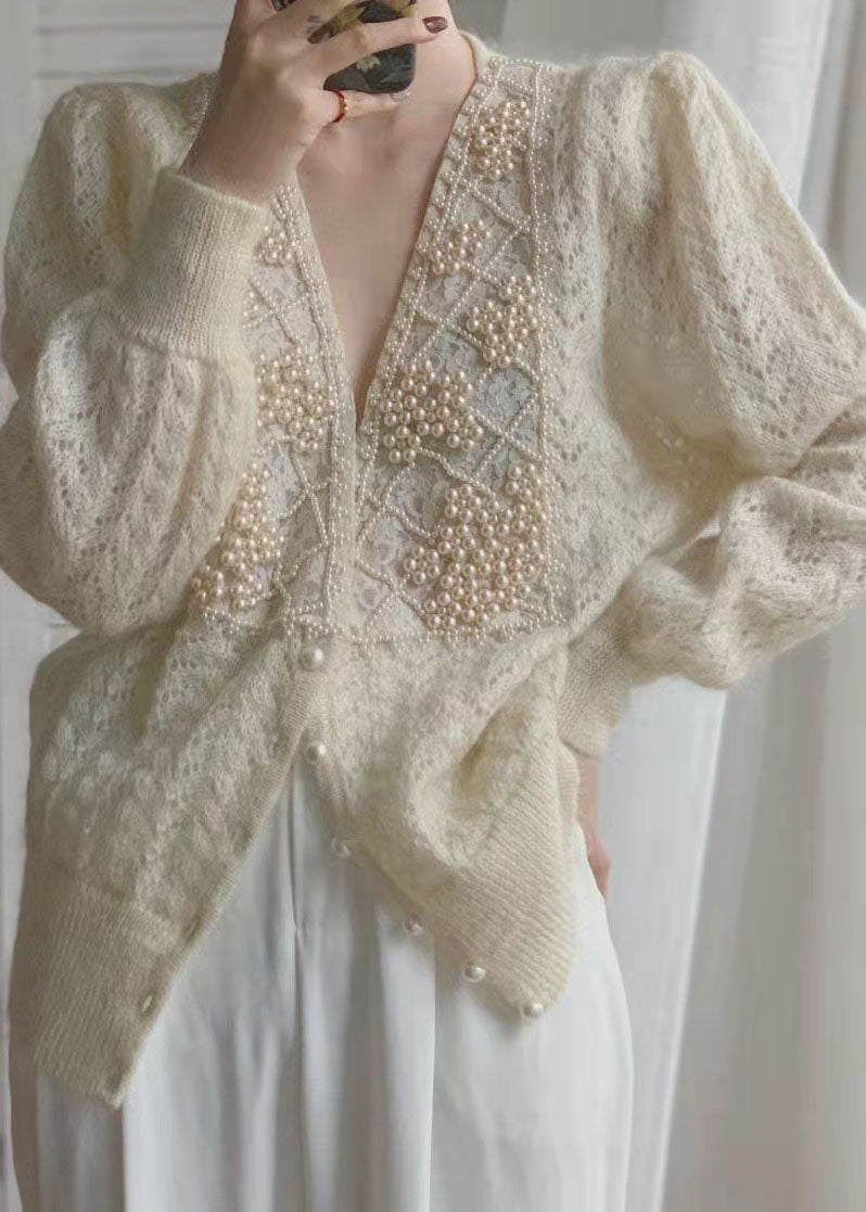 Women’s Sweater | Loose Beige V Neck Knit Cardigan with Pearl Buttons