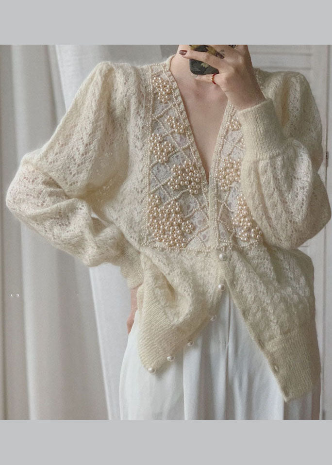 Women’s Sweater | Loose Beige V Neck Knit Cardigan with Pearl Buttons