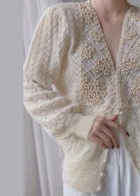 Women’s Sweater | Loose Beige V Neck Knit Cardigan with Pearl Buttons