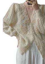 Women’s Sweater | Loose Beige V Neck Knit Cardigan with Pearl Buttons