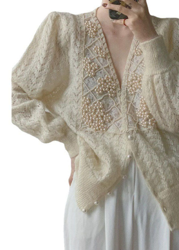 Women’s Sweater | Loose Beige V Neck Knit Cardigan with Pearl Buttons