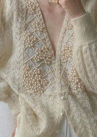 Women’s Sweater | Loose Beige V Neck Knit Cardigan with Pearl Buttons