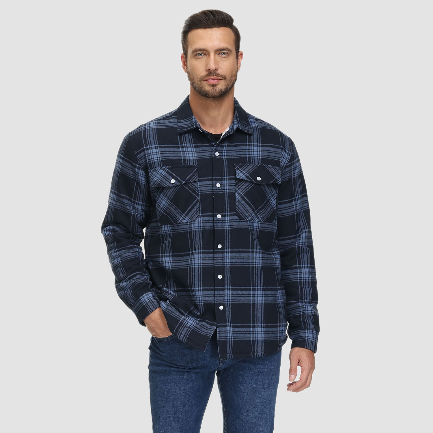 Men’s Fleece Lined Plaid Jacket in Cotton Shirt Style | Warm Winter Casual Coat