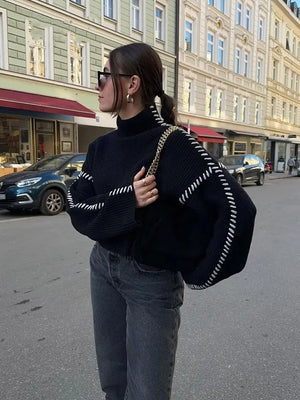 Women’s Black Knit Sweater with Subtle Detailing | Elegant Winter Jumper