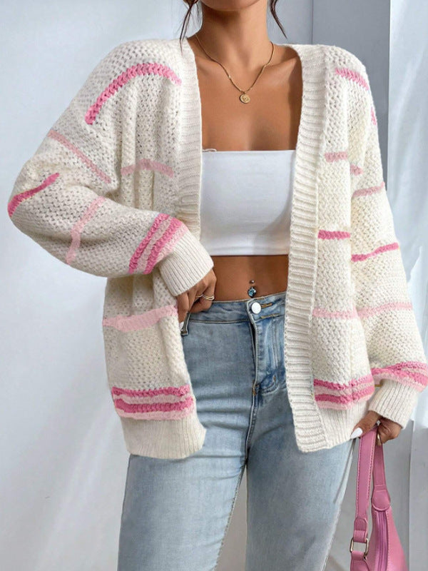 Women's Knit Cardigan | Oversized Fit | Striped Design | Open Front | Casual Everyday Layer