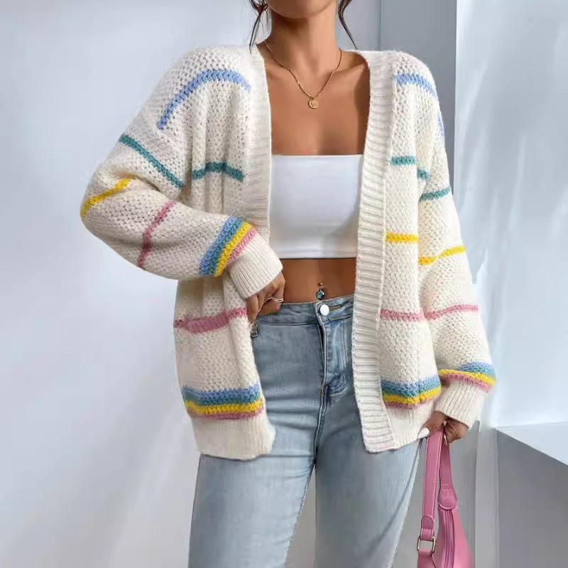 Women's Knit Cardigan | Oversized Fit | Striped Design | Open Front | Casual Everyday Layer