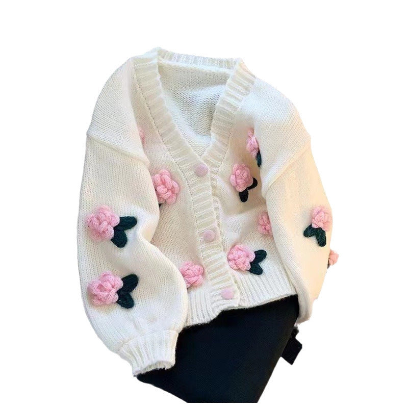 Women’s Cardigan with 3D Floral Knit Design | Chunky Ladies Cardigan Sweater