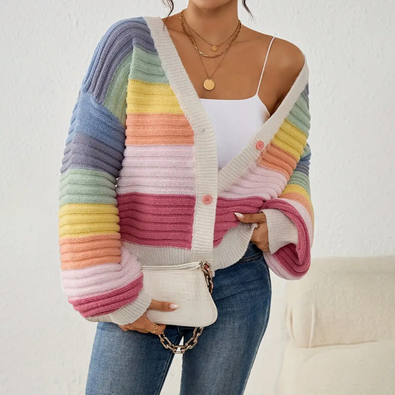 Women’s Knit Cardigan | Oversized Fit | Chunky Ribbed Texture | V-Neck | Striped Pattern
