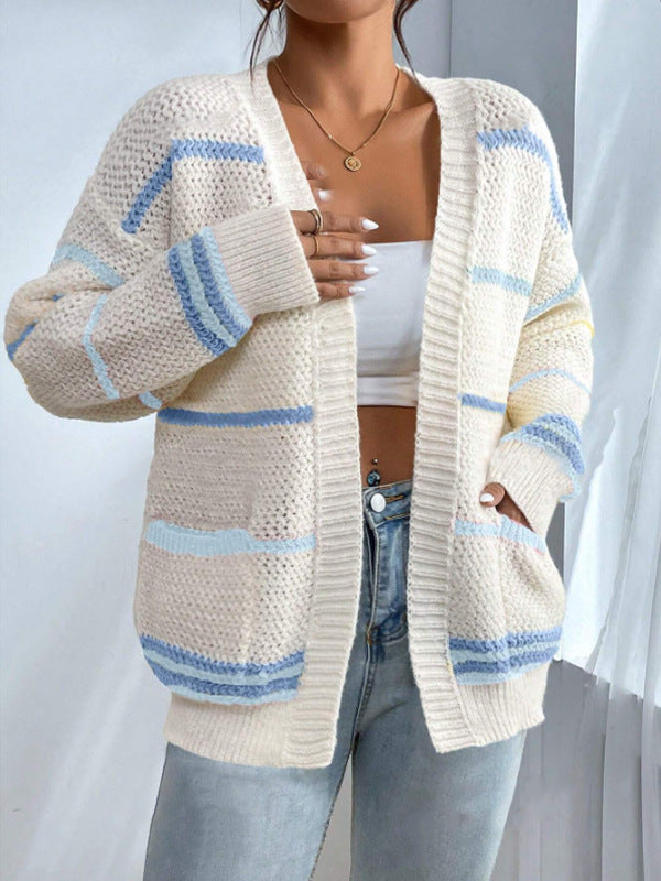 Women's Knit Cardigan | Oversized Fit | Striped Design | Open Front | Casual Everyday Layer