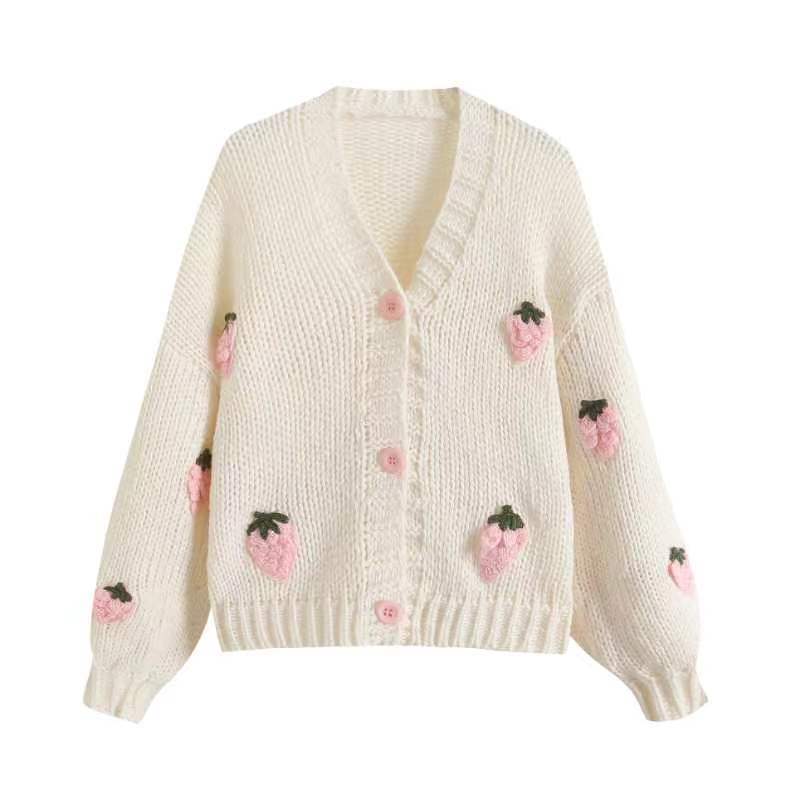 Women’s Cardigan with Strawberry Knit Design | Cute Chunky Knitwear Sweater