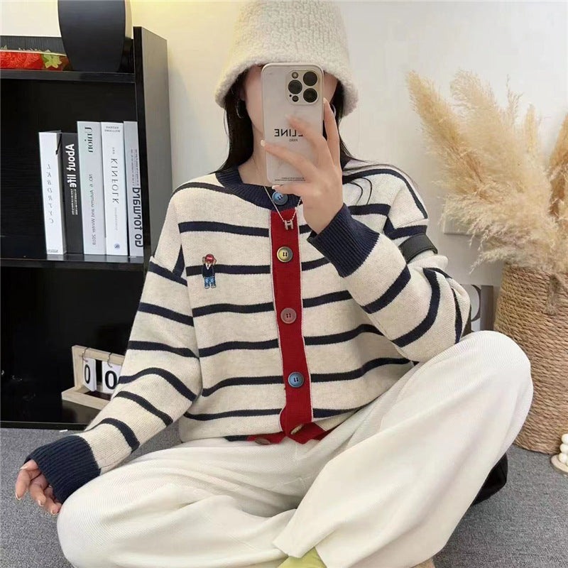 Women’s Striped Knit Cardigan with Button Front | Casual Ladies Jumper Sweater