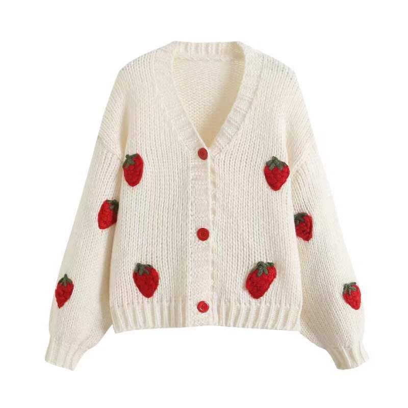 Women’s Cardigan with Strawberry Knit Design | Cute Chunky Knitwear Sweater