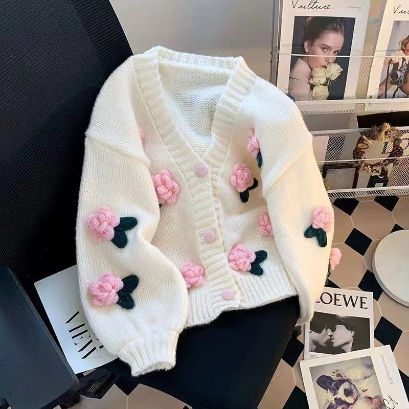 Women’s Cardigan with 3D Floral Knit Design | Chunky Ladies Cardigan Sweater