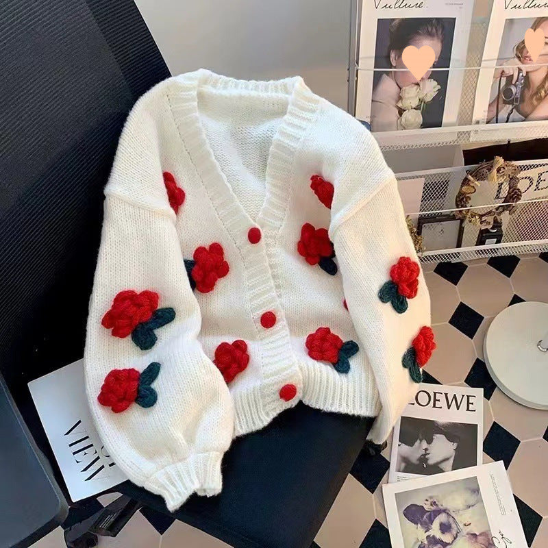 Women’s Cardigan with 3D Floral Knit Design | Chunky Ladies Cardigan Sweater