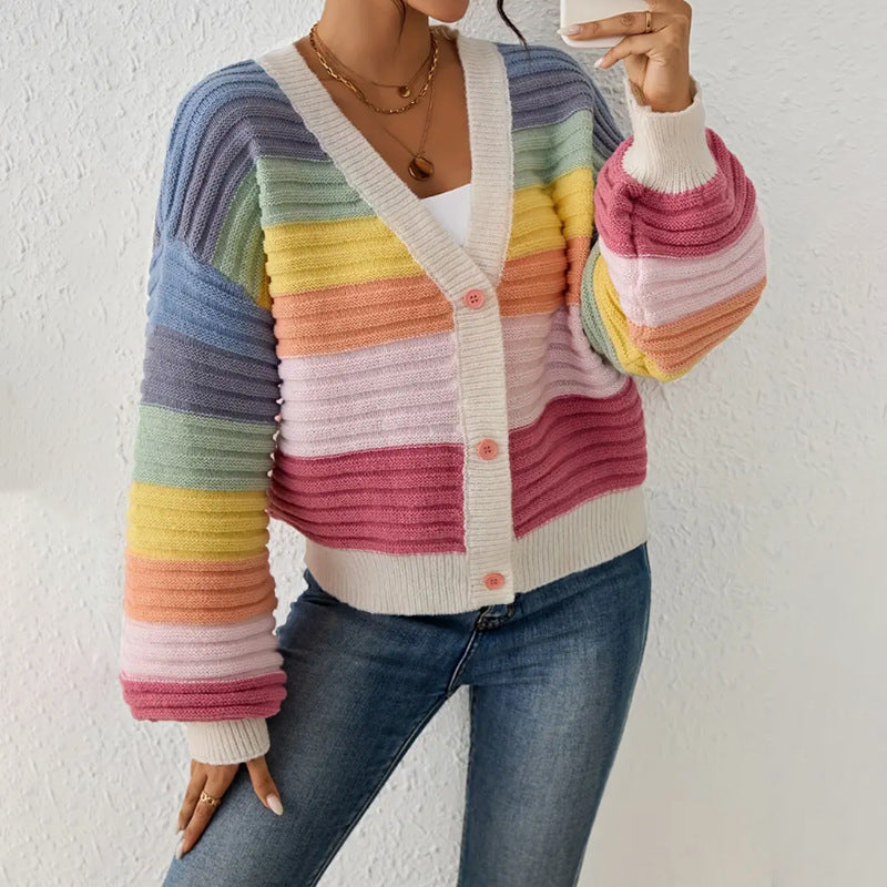 Women’s Knit Cardigan | Oversized Fit | Chunky Ribbed Texture | V-Neck | Striped Pattern
