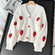 Women’s Cardigan with Strawberry Knit Design | Cute Chunky Knitwear Sweater