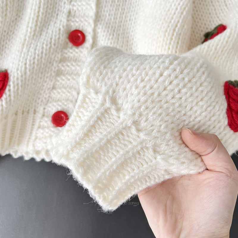 Women’s Cardigan with Strawberry Knit Design | Cute Chunky Knitwear Sweater