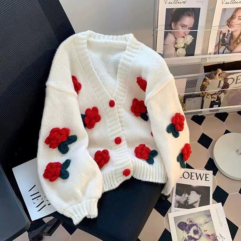 Women’s Cardigan with 3D Floral Knit Design | Chunky Ladies Cardigan Sweater