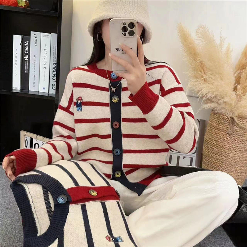 Women’s Striped Knit Cardigan with Button Front | Casual Ladies Jumper Sweater