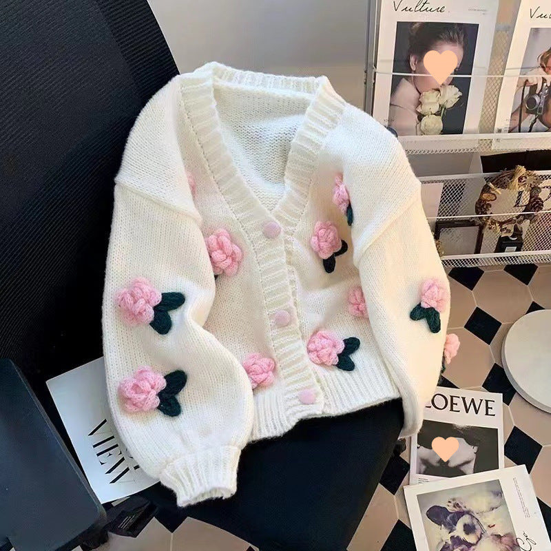 Women’s Cardigan with 3D Floral Knit Design | Chunky Ladies Cardigan Sweater
