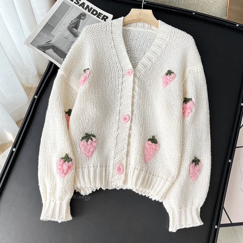 Women’s Cardigan with Strawberry Knit Design | Cute Chunky Knitwear Sweater