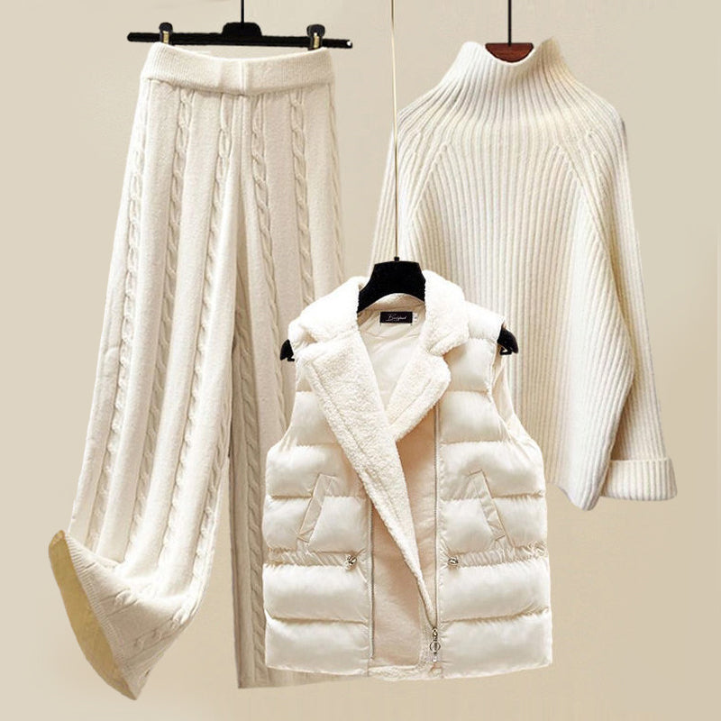 3-Piece Winter Outfit Set | Turtleneck Sweater | Wide-Leg Pants | Padded Vest