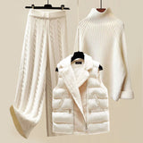 3-Piece Winter Outfit Set | Turtleneck Sweater | Wide-Leg Pants | Padded Vest