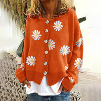 Women’s Knit Cardigan | Oversized Fit | Daisy Print | Button Down | Ribbed Trim