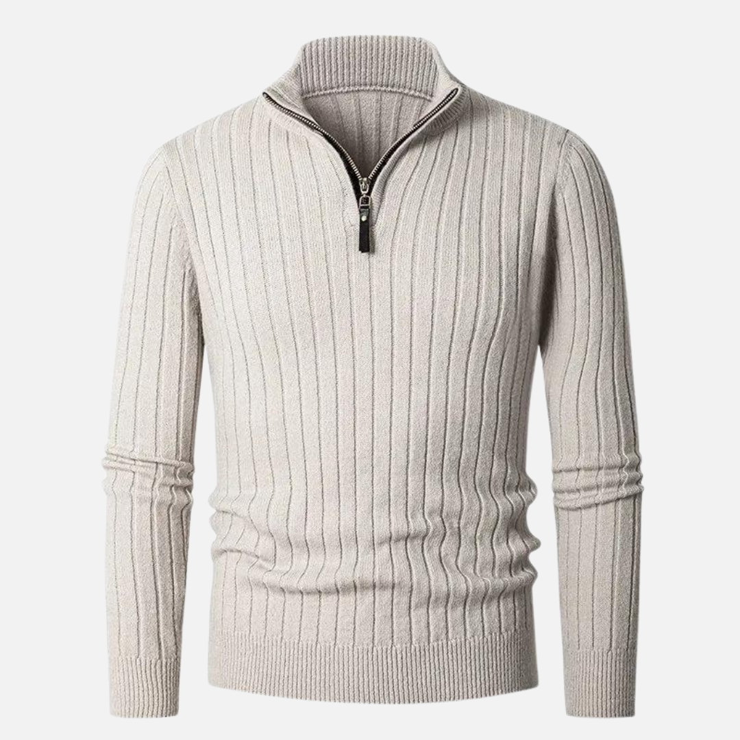 Men’s Ribbed Half Zip Jumper | High Collar Knit | Zip-Up Sweater | Tailored Fit