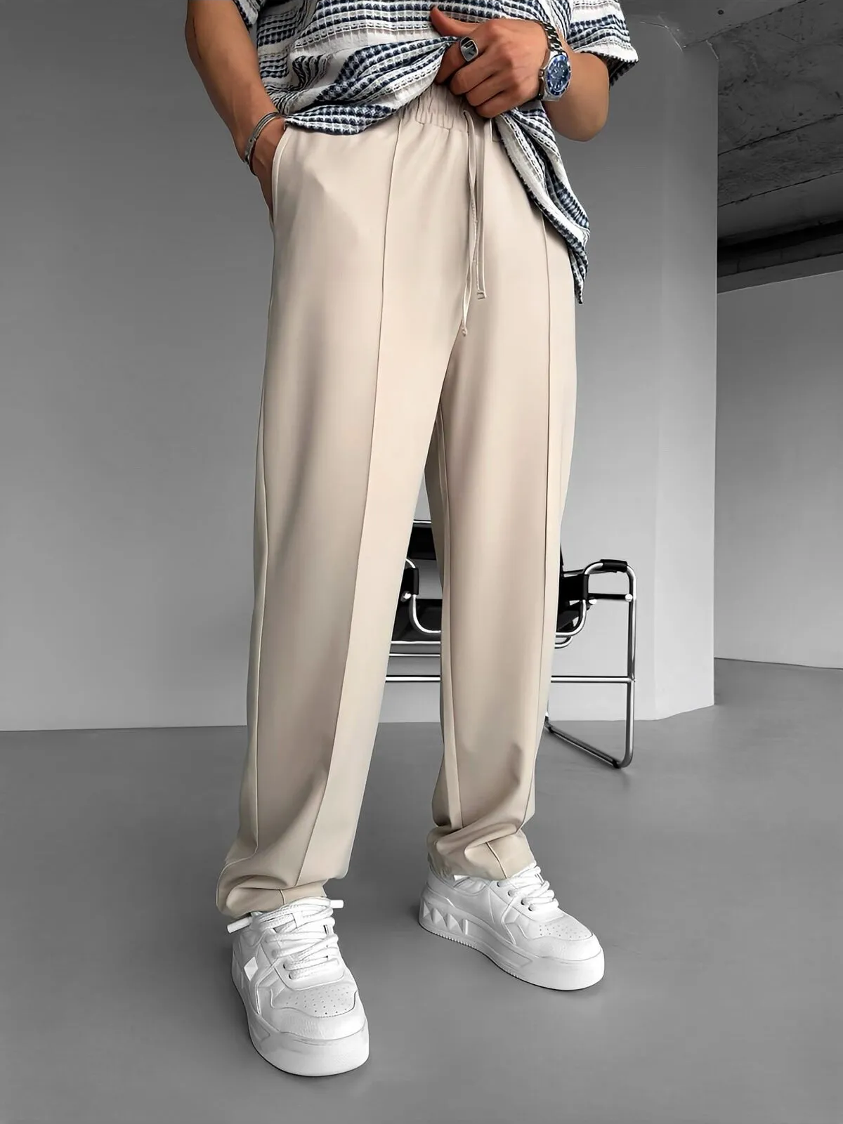 Men’s Pleated Chino Trousers | Straight-Leg Fit | Adjustable Drawstring Waist | Casual Everyday Pants