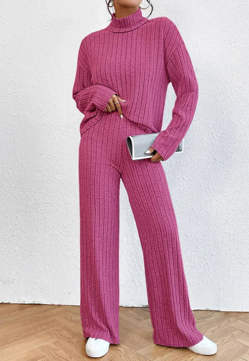 Women’s Two-Piece Knit Set with Turtleneck | Casual Jumper and Wide Leg Pants
